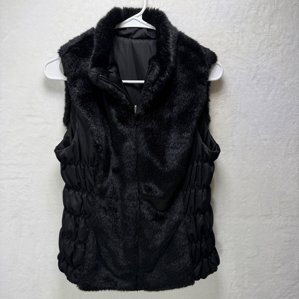 Vintage Fuda Reversible Vest Womens Medium Black Faux Fur Quilted Puffer Zip Up